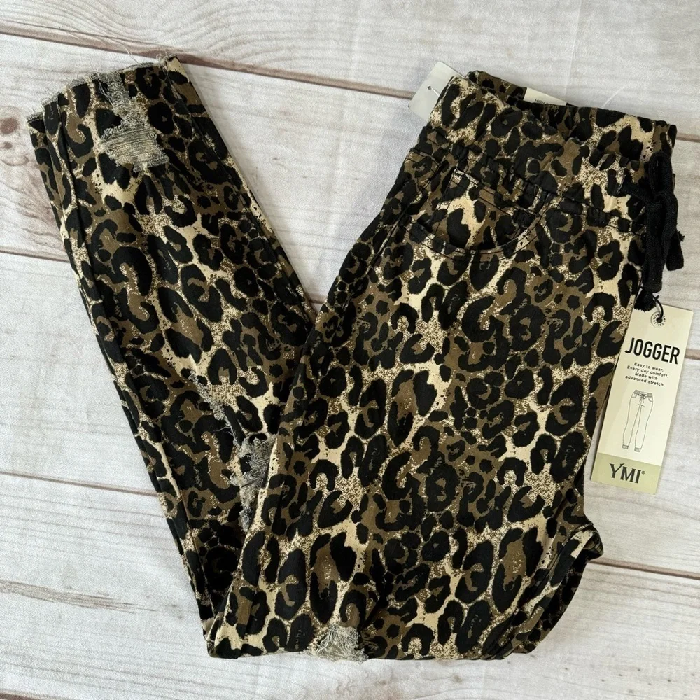 Leopard Animal Print Joggers YMI Distressed Raw Hem High Rise 5 Pocket Mobwife